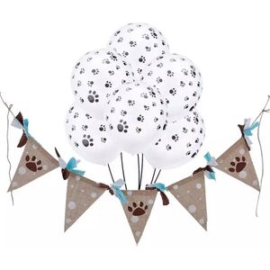 Honden decoratie set met jute slinger blauw en 7 ballonnen - hond - slinger - ballon - honden pootje - decoratie