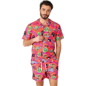 OppoSuits Rick & Morty™ Surreal Heren Zomer Set  - Bevat Shirt En Shorts - Tropische Zwem Kleding - Rood - Maat L