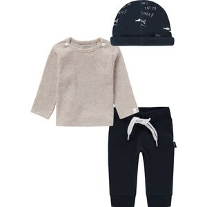 Noppies - Kledingset - 3delig - broek navy - shirt taupe - Muts visjes - Maat 62