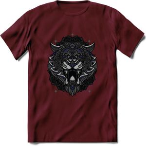 Tijger - Dieren Mandala T-Shirt | Donkerblauw | Grappig Verjaardag Zentangle Dierenkop Cadeau Shirt | Dames - Heren - Unisex | Wildlife Tshirt Kleding Kado | - Burgundy - L