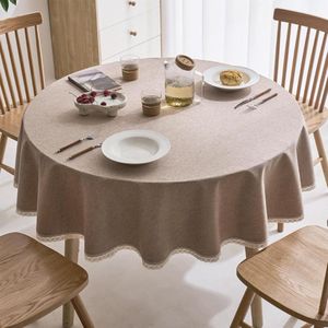 Rond tafelkleed 160 cm kreukvrij met kant - stofdicht tafelkleed voor keuken en tuin met linnen - beige - voor feest en restaurant Tafelkleed