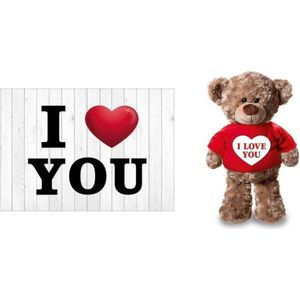 I Love You Valentijnskaart met I love you knuffelbeer in rood shirtje 24 cm - Valentijnsdag / romantisch cadeau