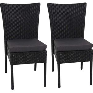 Set van 2 polyrotan stoelen MCW-G19, balkonstoel tuinstoel, stapelbaar ~ zwart, donkergrijze kussens
