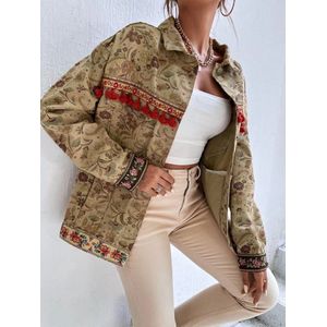 Spijkerjasje met stretch - Groen/legergroen - Denim jacket voor dames - Gouden details - Spijkerjas voor vrouwen met print - Met zakken - Katoen - Hoogwaardige kwaliteit - One-size - Een maat