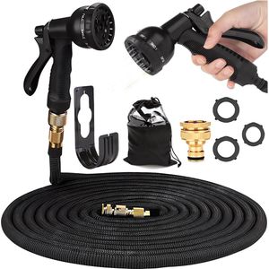 Flexibele tuinslang, 30 m, rekbare waterslang met 10 sproeipatronen en massieve messing aansluitingen, weefsel 3750D, duurzame slang met 3-laagse latexkern, zwart
