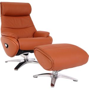 Relaxfauteuil met hocker MCW-K98, TV-fauteuil, relaxfunctie, draaibaar, metaal echt leer/kunstleer ~ bruin