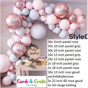 Cards & Crafts Ballonnenboog - 187 delige Ballonnen set - Roze / Grijs - Pastel Babyshower Meisje