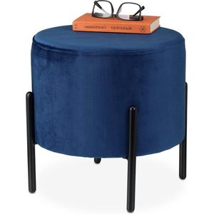 Ronde fluwelen hocker - gepolsterde poef met zwarte metalen poten - HxD: 38.5 x 40.5 cm - velvet blauw