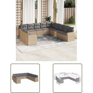 The Living Store 11-delige Tuinset met kussens poly rattan beige - Loungebank - Lounge Set - Buitendecoratie - Tuinmeubels - Pe Rattan