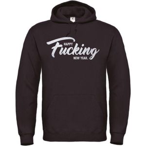 Kerst hoodie zwart S - Happy fucking new year - zilver glitter - soBAD. | Kleding | Hoodie unisex | Hoodie mannen | Hoodie dames | Kerst | Oud&nieuw | Nieuwjaar | glitter