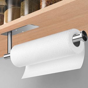 Keukenrolhouder zonder boren, zelfklevende keukenpapierhouder, wandmontage, papieren handdoekhouder, roestvrij staal, rolhouder, hangend badkamerhanddoekenrek voor keukenkast, zilver