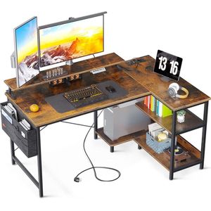 L-vormig bureau met USB-laadaansluiting en stopcontact voor gaming en kantoor - Brun 120 x 80 x 88 cm