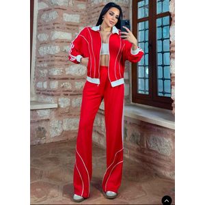 Dames Trainingspak - Loungewear- Joggingspak - Sport kleding Met Ritssluiting - Wijde Pijpen Rood Maat S