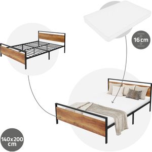 Metalen bed 140x200 cm zwart/bruin met lattenbodem en matras met houten hoofdbord & voeteneind ML design