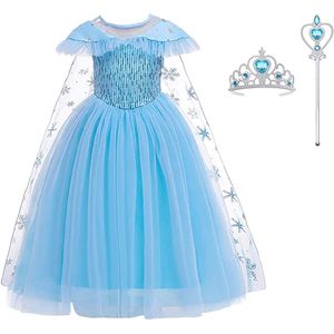Prinsessenjurk meisje - Elsa jurk - Prinsessen speelgoed - Het Betere Merk - maat 110/116 (120) - Tiara - Kroon - Toverstaf - Verjaardag Meisje - Verkleedkleren Meisje - Carnavalskleding Kinderen - Blauw - Cadeau Meisje
