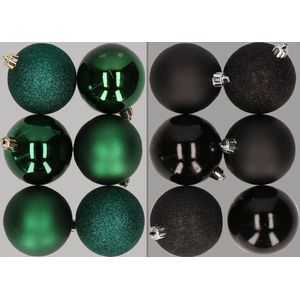 12x stuks kunststof kerstballen mix van donkergroen en zwart 8 cm - Kerstversiering