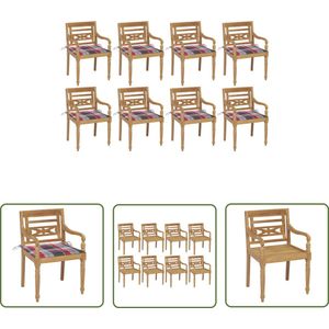The Living Store Stoelen Batavia 8 st met kussens massief teakhout - Tuinstoel - Teak Hout - Buitenmeubilair - Lounge Stoel - Veranda Stoel