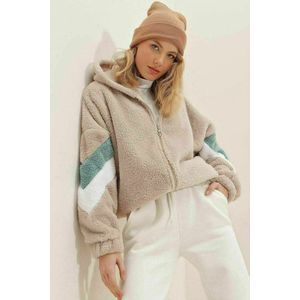 Teddy Vest - Jacket Met Capuchon en Ritssluiting, Kleurblokken - Crème -Groen Maat M