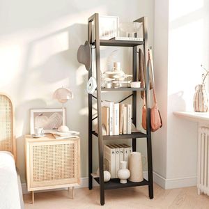 Boekenkast met 4 niveaus, opbergrek, doe-het-zelf staand rek van hout, met stabiel X-metalen frame, industriële stijl, voor keuken, woonkamer, kantoor, balkon, zwart