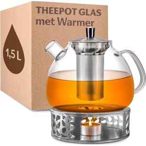 Glazen theepot met warmhouder - 1,5 liter - vaatwasmachinebestendig