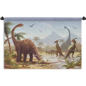 Wandkleed Dinosaurus illustratie - Een illustratie van een vallei met dinosaurussen Wandkleed katoen 180x120 cm - Wandtapijt met foto XXL / Groot formaat!