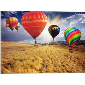 WallClassics - Vlag - Groep Luchtballonnen in Verschillende Kleuren boven Droog Landschap - 40x30 cm Foto op Polyester Vlag