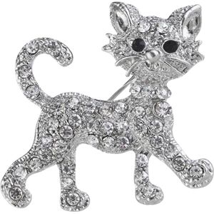 Poes Broche Zilver Strass Steentjes 3.5 cm / 3.3 cm / Zilver