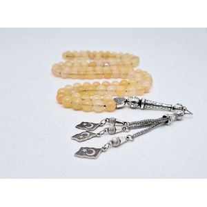 Handgemaakte tesbih ""Tasbih"" natuursteen "" Calciet geel "" - Aantal kralen 99 - Diameter kralen 8MM - met metaal tassel ""Turkiye"" - Een mooi cadeau-idee