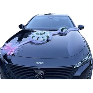 AUTODECO.NL - NELLY Luxe Trouwauto Versiering - Bruiloft Decoratie - Bloemen voor op de Motorkap - Bloemstuk voor op de Bruidsauto - Huwelijks Bruiloft Versiering - Satijnen Rozen met Tule & Linten