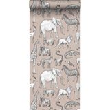 ESTAhome behang jungle dieren oudroze en grijs - 139271 - 0.53 x 10.05 m