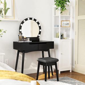 Kaptafel met verlichting, kaptafel met spiegel en gloeilampen, kaptafel, kaptafel voor een perfecte make-up, gestoffeerde kruk, 2 grote laden, zwart RDT11BL