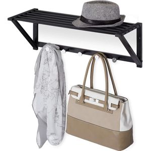 Moderne wandkapstok met plank en 5 haken - Metaal - 23 x 65 x 25 cm - Zwart kapstok hangend met plank