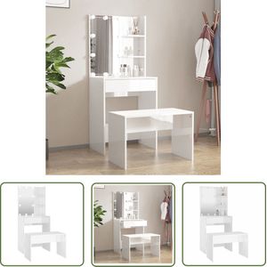 The Living Store Kaptafelset met LED's bewerkt hout hoogglans wit - Kaptafel - Make-up Tafel - Dressing Table - Led Verlichting - Hoofdbord
