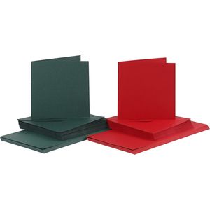 Kaarten en enveloppen, afmeting kaart 15x15 cm, afmeting envelop 16x16 cm, 5x10 sets, groen, rood