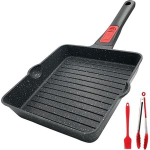 Grillpan, 20 x 20 cm, steakpan, anti-aanbaklaag, aluminium grillpan met twee geschenkdozen, afneembaar handvat, oven en vaatwasmachinebestendig, alle warme ovens (zwart)