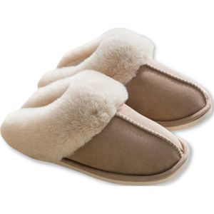 Pantoffels Dames en Heren Fluffy Open Sloffen met Pluche Voering Antislip Zool - Khaki - Maat 40/41