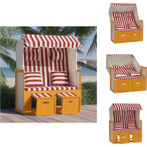 vidaXL Strandstoel Poly Rattan - 115x55x133/151/156 cm - Luifel - Verstelbare Rugleuning - Uitschuifbare Voetensteun - Rood en Wit - Ligbed