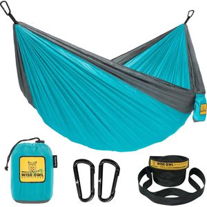 Hangmat - Outdoor hangmat voor 2 personen - ultralichte reishangmat - belastbaar tot 226 kg - campingaccessoires - incl. ophanging en karabijnhaak (blauw en grijs)