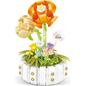 Loha-party®Bouwstenen bloemen met bloem pot-Rode roos-Botanische bloemencollectie- Kunstbloemen decoratie- Huisdecoratie-516 bouwstenen
