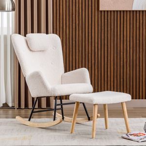 Comfortabele witte schommelstoel, zachte teddy pluche schommelstoel met hoofdsteun en voetsteun - draagvermogen tot 100 kg