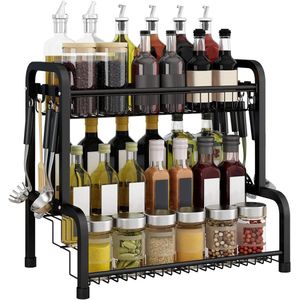 Aufun Kruidenrek Van Roestvrij Staal, Zwart, 4 Days Spice Organizer-Plank, Staand, Keukenrek, Bureauplank, Ideaal Voor Kruidenpotjes, Flessen, Jampotten, Cosmetica (Type B)