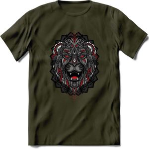 Leeuw - Dieren Mandala T-Shirt | Rood | Grappig Verjaardag Zentangle Dierenkop Cadeau Shirt | Dames - Heren - Unisex | Wildlife Tshirt Kleding Kado | - Leger Groen - S