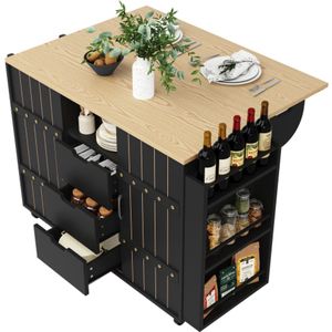 Learnlogic Keukenkast, serveerwagen met houtnerf, keukenwagen met wielen en werkblad, keukenwagen met kruidenrek en handdoekhouder, keukeneiland met schuifdeuren en laden, zwart
