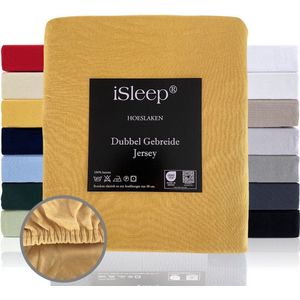 iSleep Dubbel Gebreide Jersey Hoeslaken - Hoge Hoek - Rondom Elastiek - Eenpersoons - 90/100x220 cm - Oker Geel