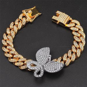 ICYBOY 18K Massieve Cuban Vrouwen Armband Verguld Goud met Vlinder Pendant [GOLD-PLATED] [ICED OUT] - Chain Butterfly Bracelet