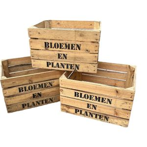 Gebruikte Fruitkist opdruk Bloemen en Planten - Set van drie - L50xB40xH30 cm - Leuk voor moestuintje of winkelinrichting! - DecoLis