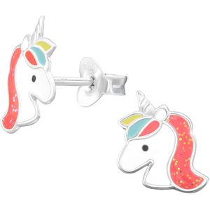 Joy|S - Zilveren eenhoorn oorbellen - 9.5 x 11.3 mm - wit roze met glitter - unicorn oorknoppen - kinderoorbellen