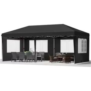 Partytent met zijwanden - 300x600cm - Opvouwbaar - Zwart - 420D Oxford Doek - Easy up - Paviljoen - Waterdicht weerbestendig - In hoogte verstelbaar