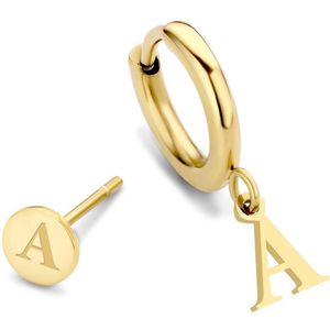 CO88 Collection Alphabet 8CE 70357 Stalen oorknop en oorring - letter A - 6 mm and 12mm - Goudkleurig