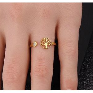 Ring dames verstelbaar met levensboom en kristal - Multimaat ring life tree met zirkonia goud verguld - met Sophie Siero gerschenkverpakking